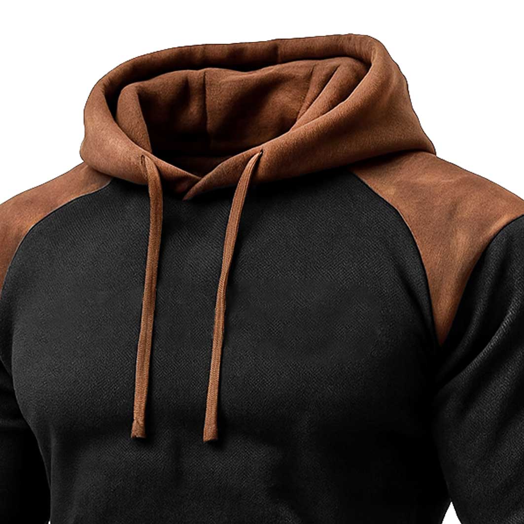 Men's Vintage Western Cowboy Embroidered Black And Suede Brown Color Block Hoodie