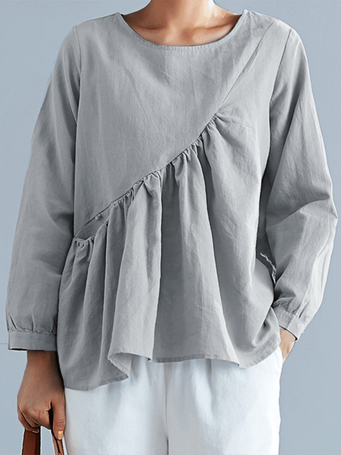 Women's Cotton Casual Irregular Pleated Pocket Pullover Crew Neck Shirt