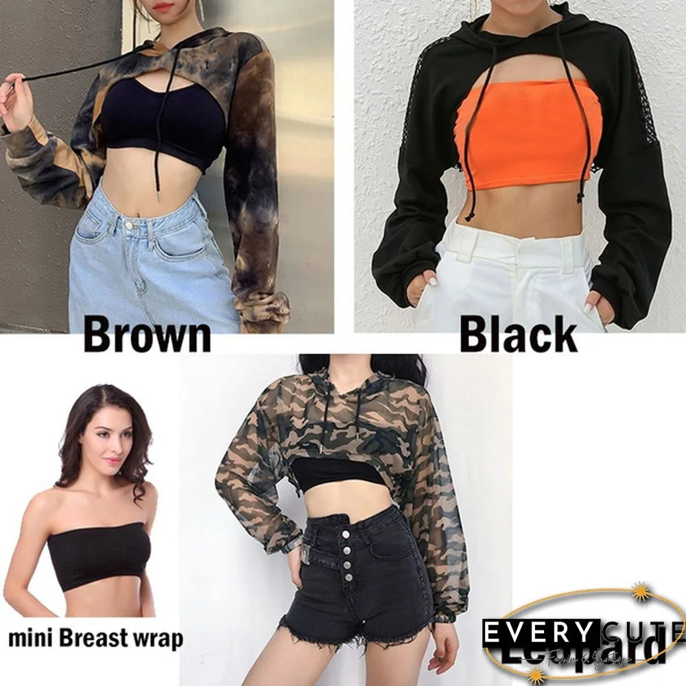 Women Long Sleeve Black Bustier Crop Top Mesh Harajuku Hiphop Loose Leopard Hoodie Sweatshirt Clubwear Tie Dye Top