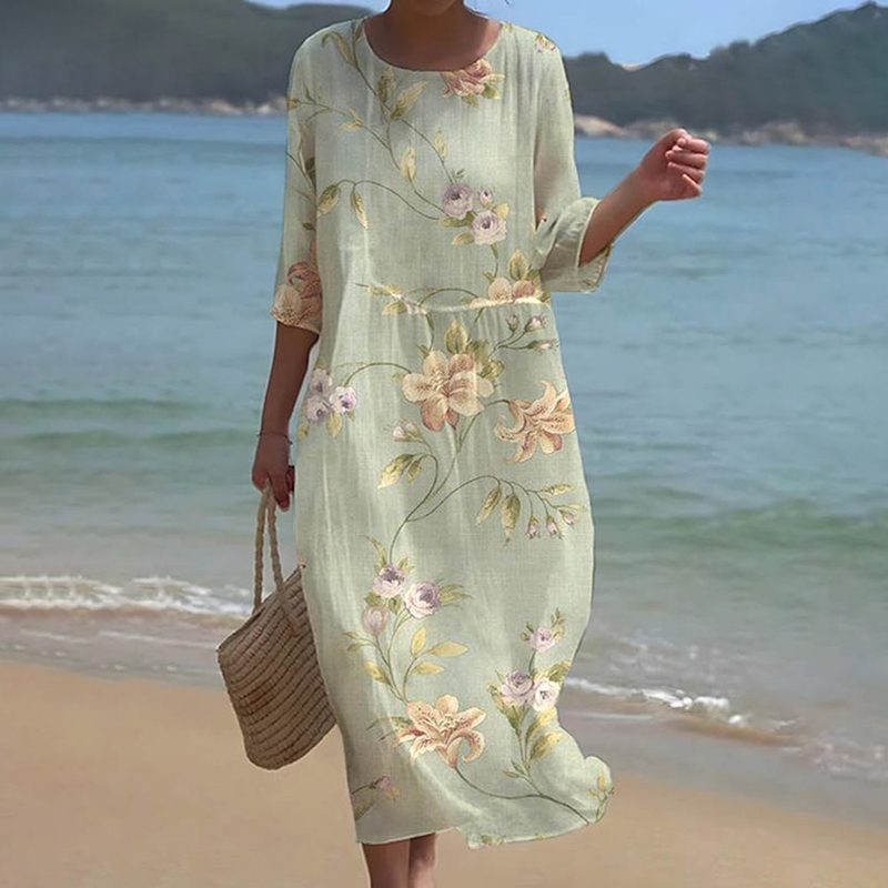 Vintage Floral Art Linen Blend Loose Linen Dress wearshes