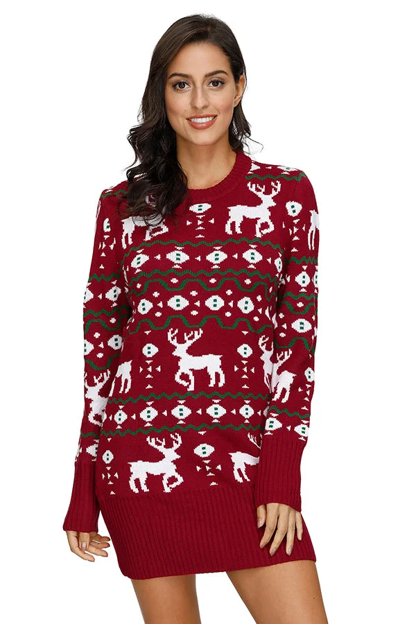 Reindeer Print Pullover Sweater Dress Red-elleschic
