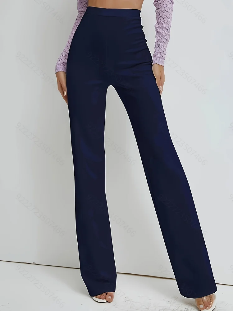 Women's Navy Blue Straight Leg Pants - Mid-Stretch Casual Trousers For Spring Summer Fall, Machine Washable Solid Color Office & Casual Attire, Office Trousers | Versatile Style