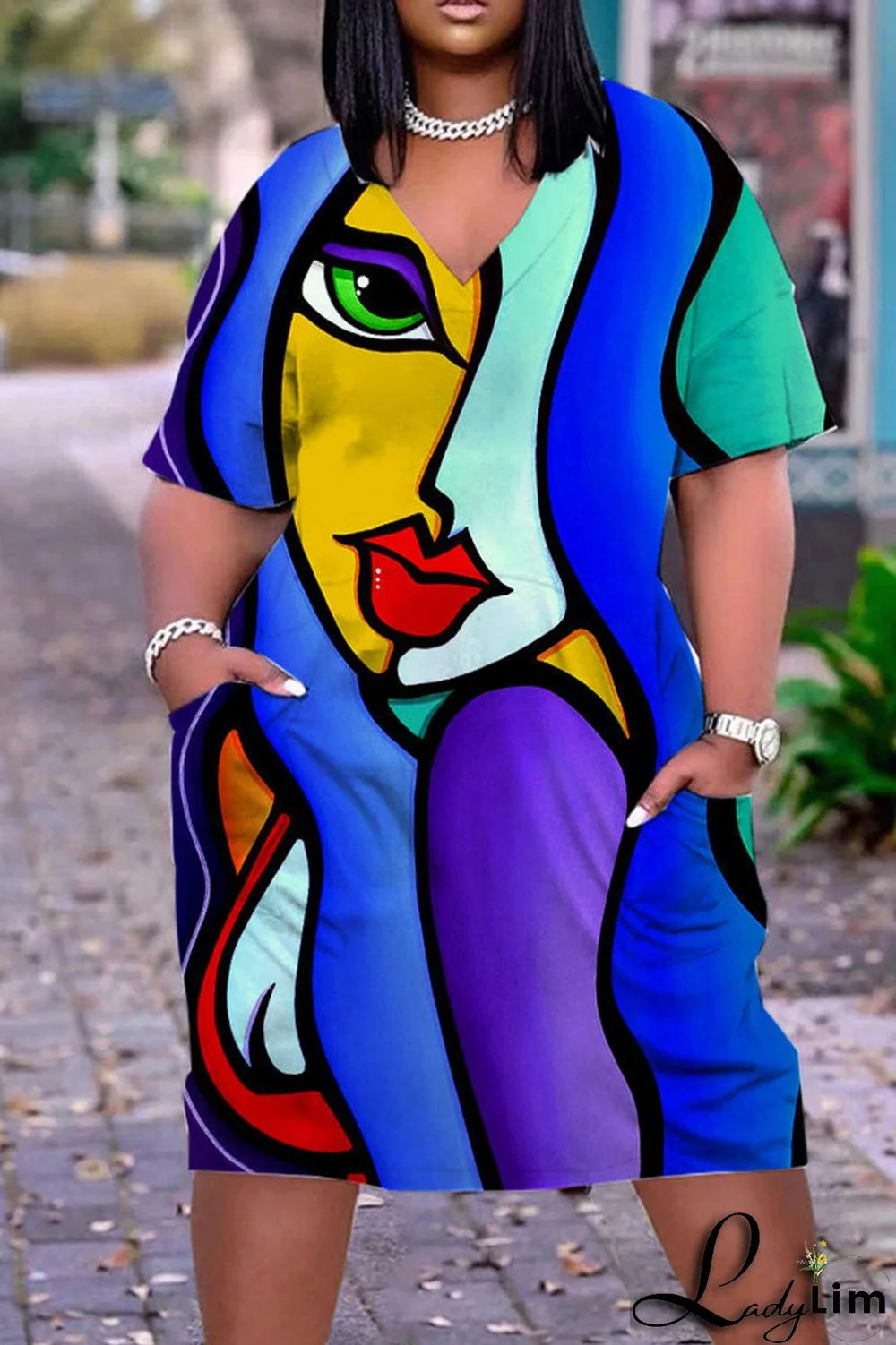 Beige Casual Street Print Patchwork V Neck Straight Dresses