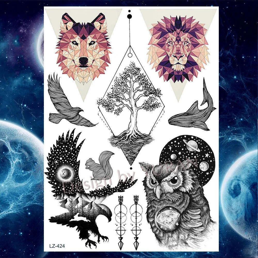 Tribal Forest Animals Black Galaxy Triangle Wolf Animals Temporary Tattoo Stickers Women Men Deer Tatoo Waterproof Arm Tattoos