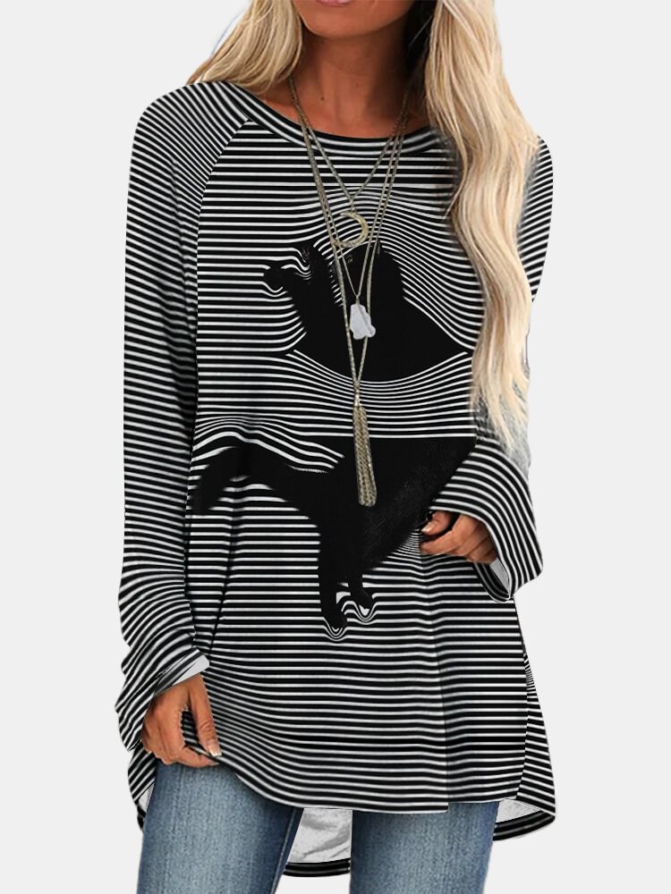 Black Cat Striped O neck Long Sleeve Casual T Shirt For Women P1781664