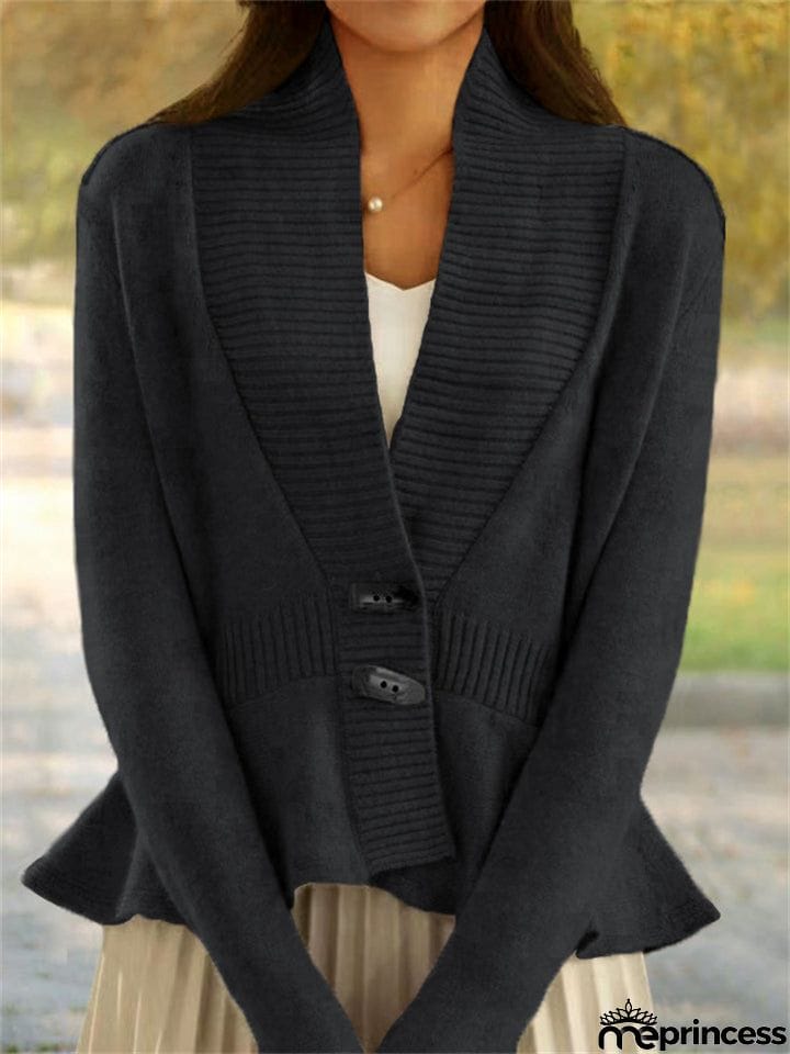 French Style V Neck Ruffled Hem Sweater for Lady