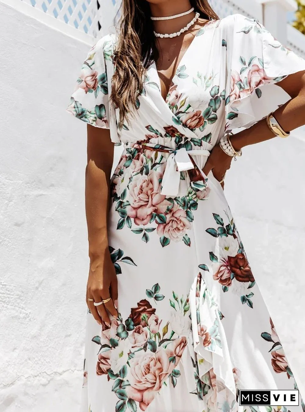 Trendy Print V-neck Lace-up Flounced Irregular Maxi Dress