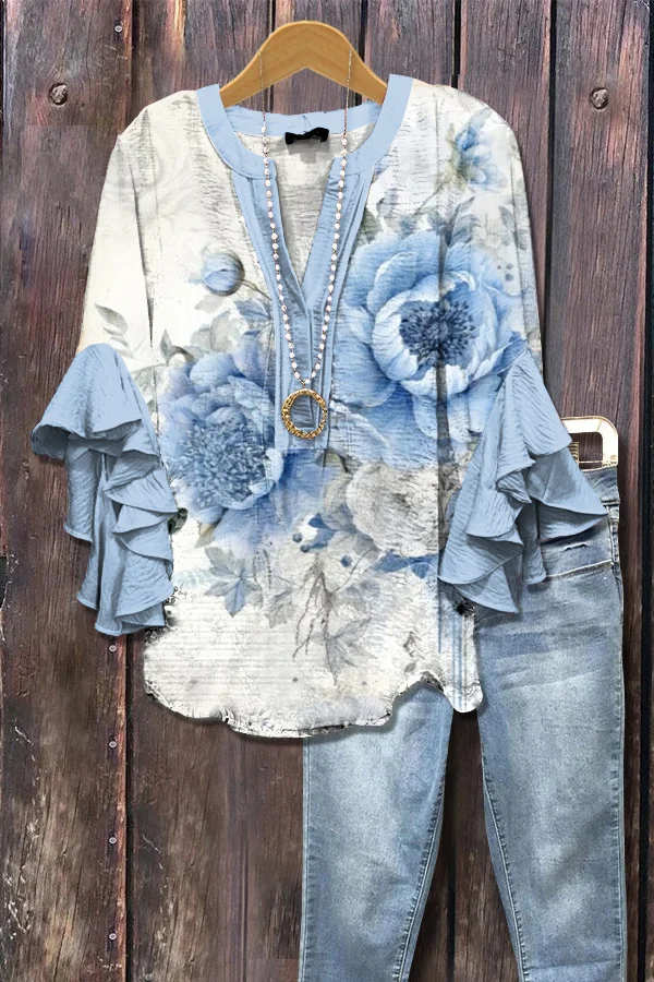 Elegant Floral Print Ruffle Sleeve Top
