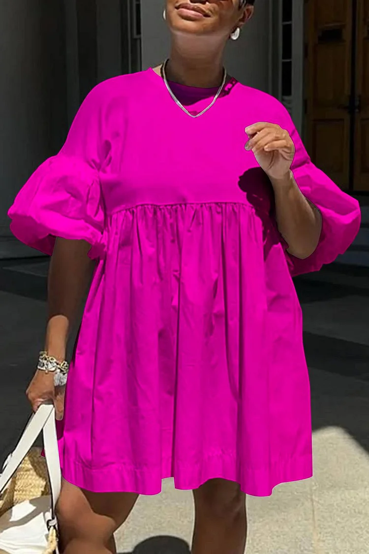 Plus Size Vacation White Casual Round Neck Lantern Sleeve Half Sleeve Mini Dresses 2024 - Xpluswear
