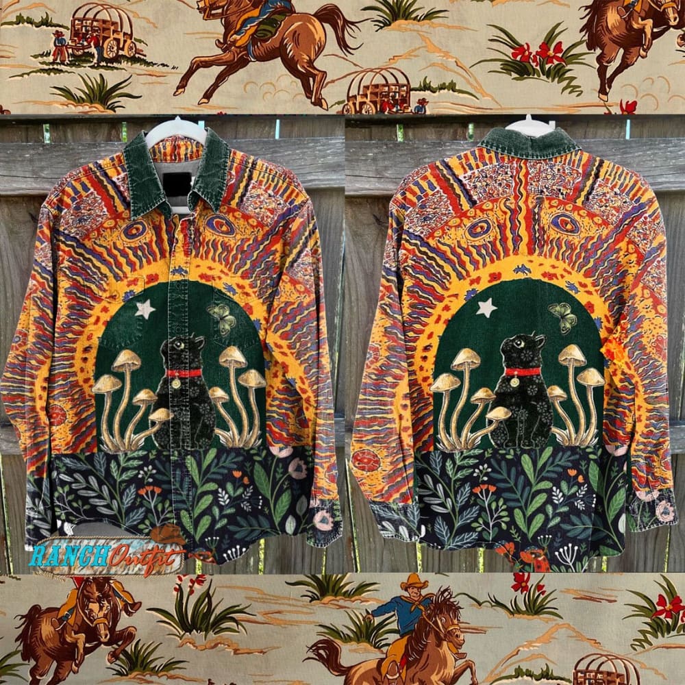 Vintage Cute Plant Cat Hippie Inspired Art Horse Print Casual Shirt Multicolor / S