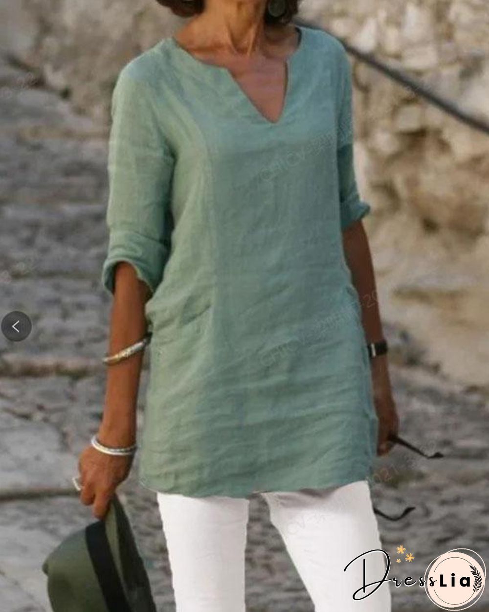 Women V Neck Plain Color Casual Linen Tops