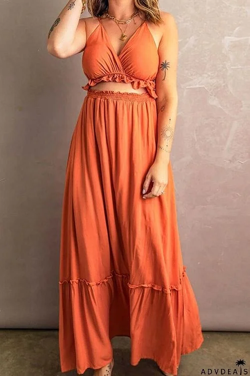Ruffle Hem Cutout Slip Maxi Dress