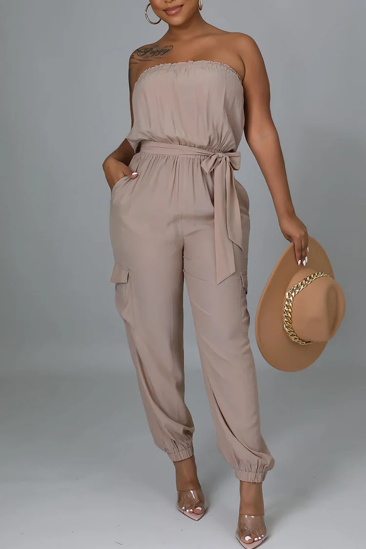 Apricot Pink Sexy Solid Split Joint Strapless Straight Jumpsuits