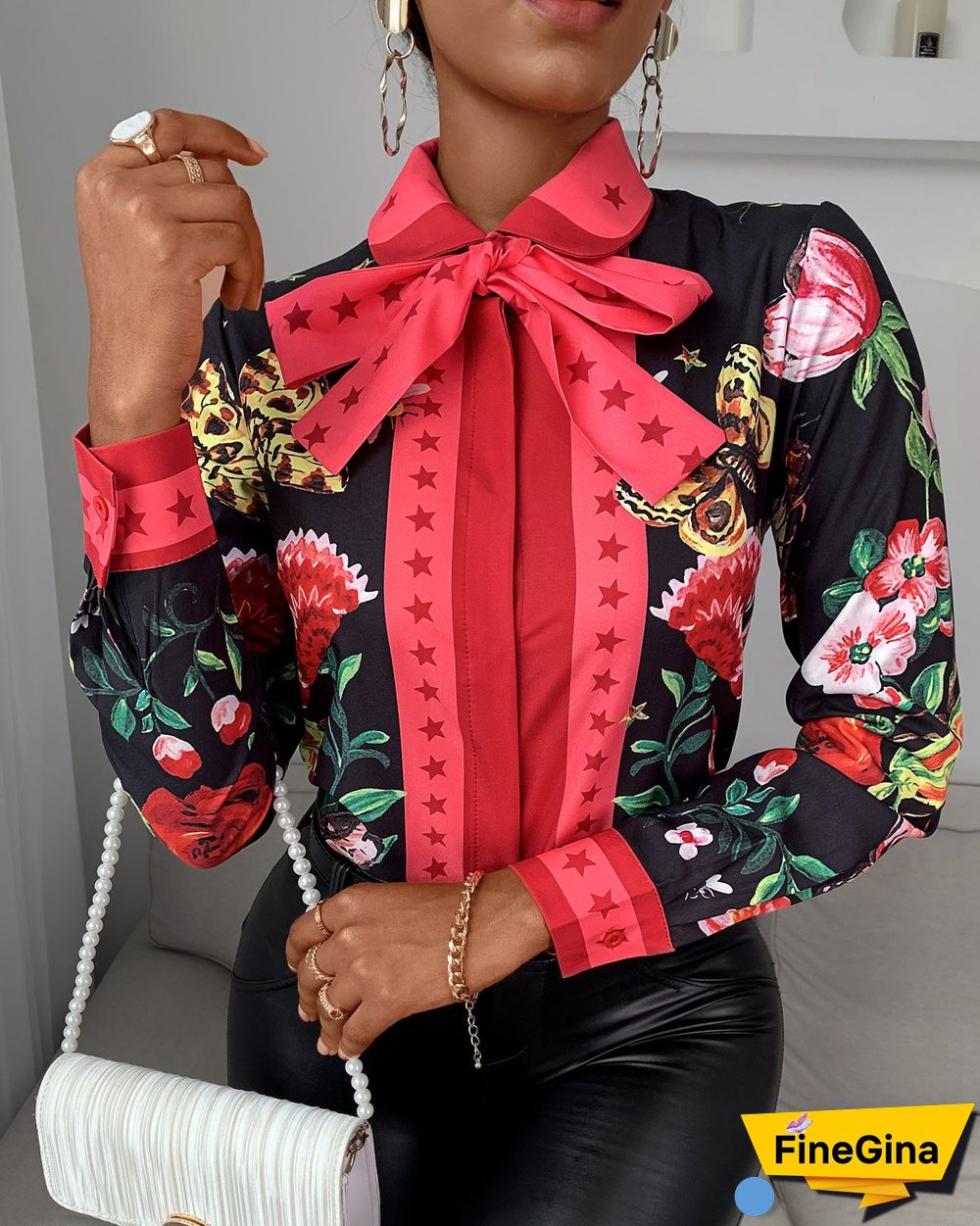 Tie Neck Floral Butterfly Print Long Sleeve Shirt P15964