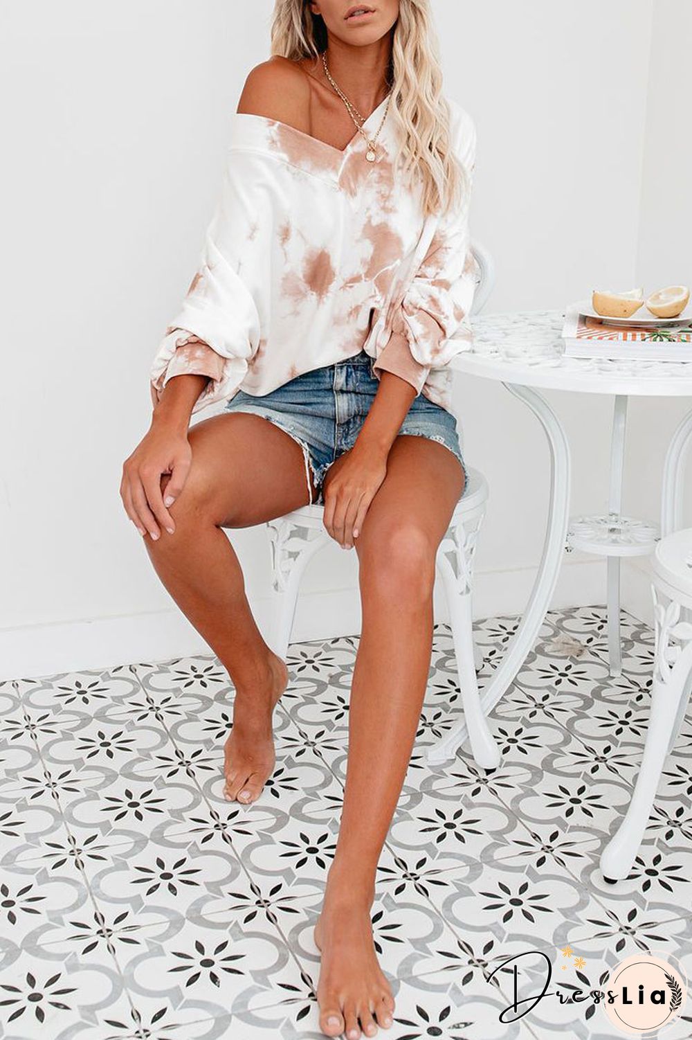 Tie Dye Skew Neck Long Sleeve Top