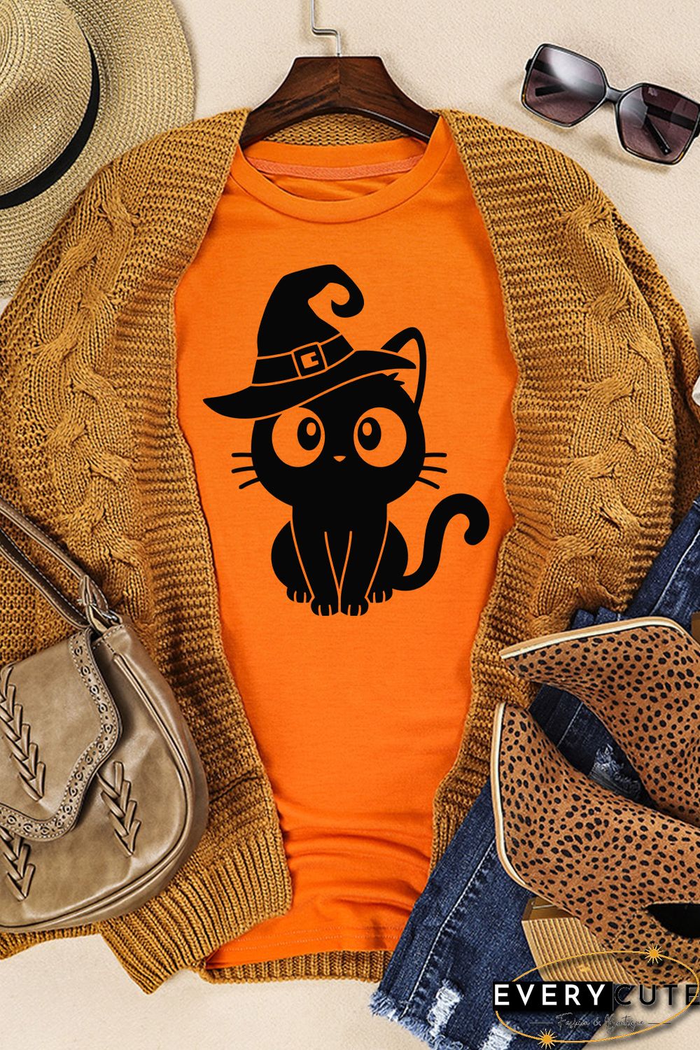 Orange Black Cat Graphic Print Short Sleeve T Shirt
