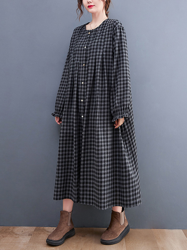 Retro Loose Plaid Maxi Dress