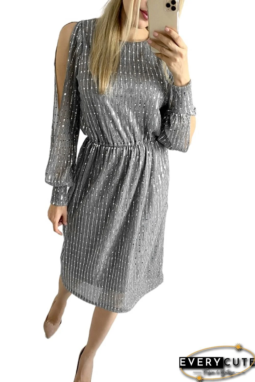 Gray Sequin Split Sleeve Midi Dress