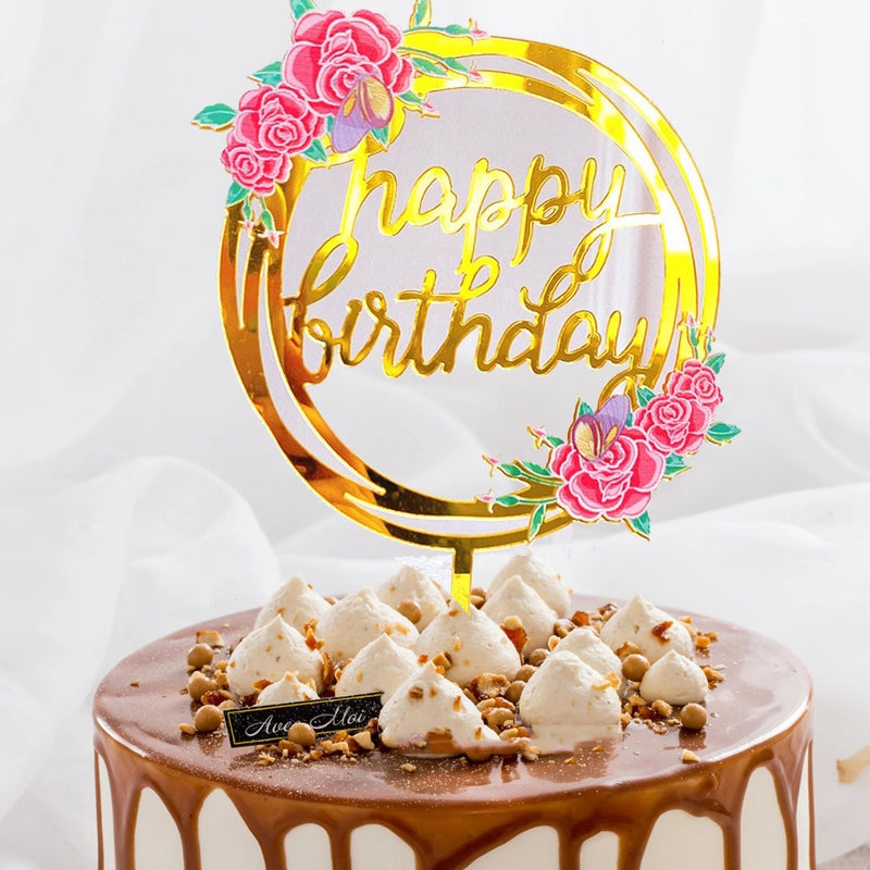 Acrylic Cake Topper Ins Style Floral Uv Color Printing Happy Birthday Dessert Decoration Plugin