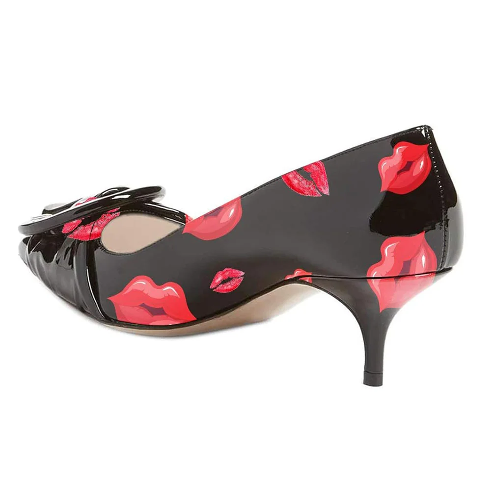 Black Patent Leather Pointed Red Lip Printed Elegant Pumps for Ladies