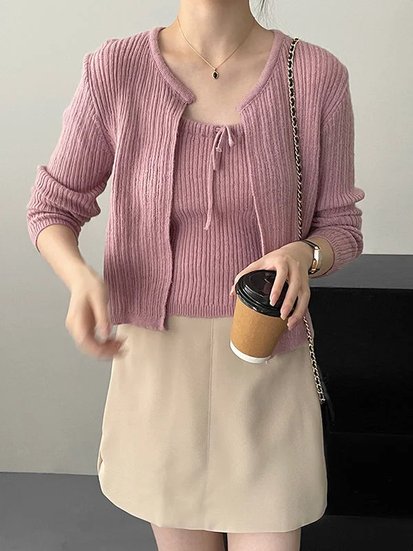 Knitwear Solid Color Drawstring Tied Round-Neck Inner Camisole +Long Sleeves Outer Cardigan Two Pieces Set