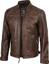 🛒Jaquetas masculinas de couro leg&iacute;timo de cordeiro da fjackets - jaqueta de couro acolchoada estilo motociclista (Cafe Racer), com z&iacute;per.