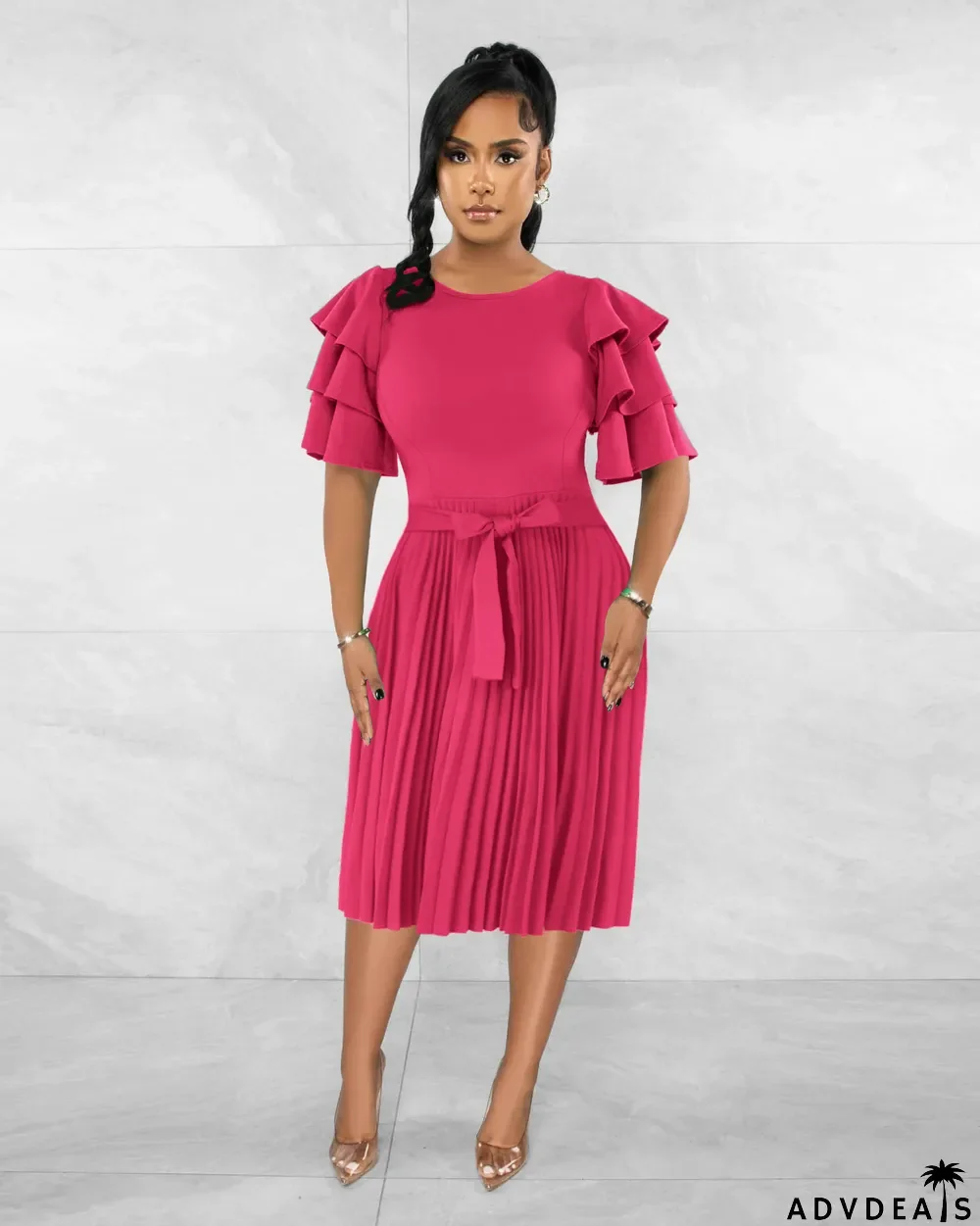 Summer Women Round Neck Ruffle Short Sleeve Pressed Pleated Dress