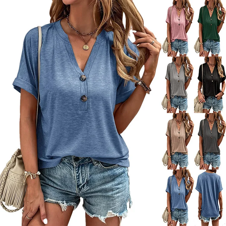 Casual Fashion Button V Neck Short Sleeves