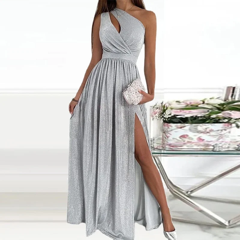 Ladies Sexy Hollow Out Sleeveless Party Dress Women Elegant Off Shoulder Split Long Dress Fashion Printing Femme Dress Vestidos