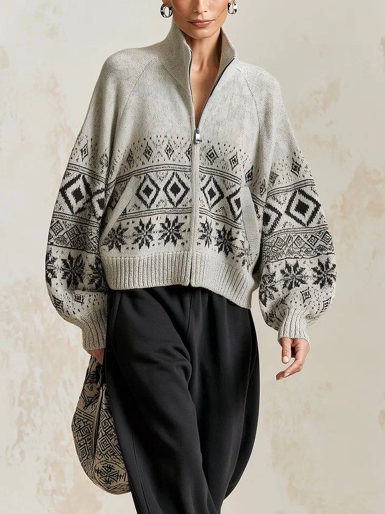 Nordic Pattern Knit Cardigan &ndash; Cozy Zip-Up Sweater Jacket