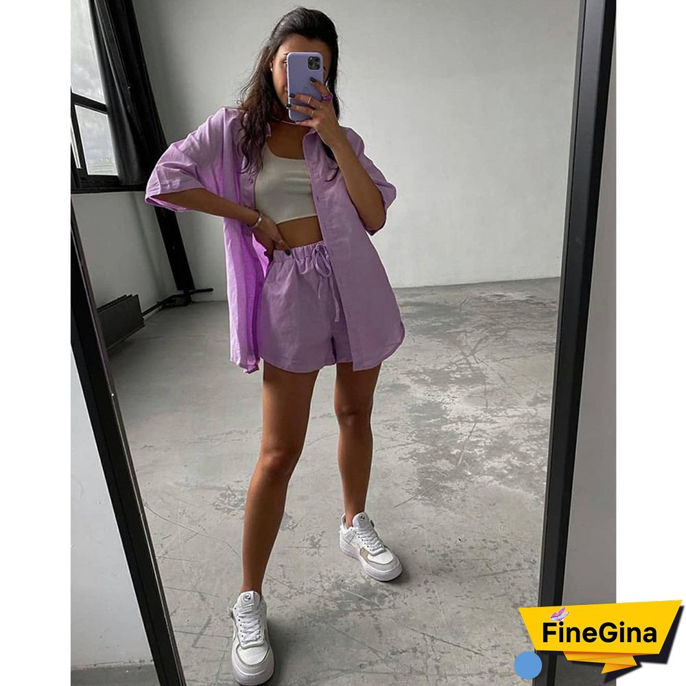 Summer Casual Tracksuit Women's Shorts Suits Green Streetwear Short Sleeve Shirt Tops Loose Drawstring Mini Shorts Two Piece Set