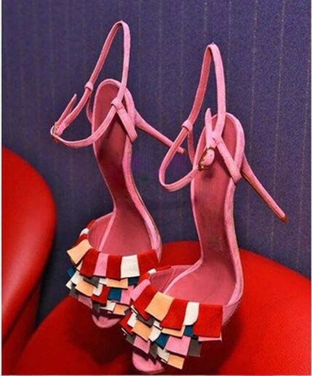 VCSHOES Woman Multi Folded Tassel Sandals Gladiator Ankle Strap Thin High Heels Peep Toe Strappy Party Sandals