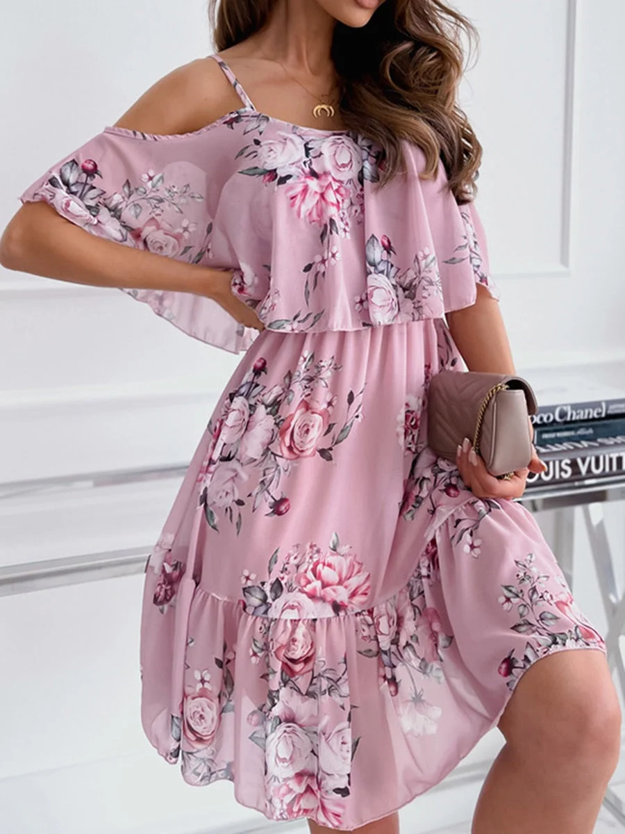 Sexy Spaghetti Strap Woman Dress Summer Floral Print Off Shoulder Sundress Elegant Chiffon A-Line Beach Boho Dresses Vestidos