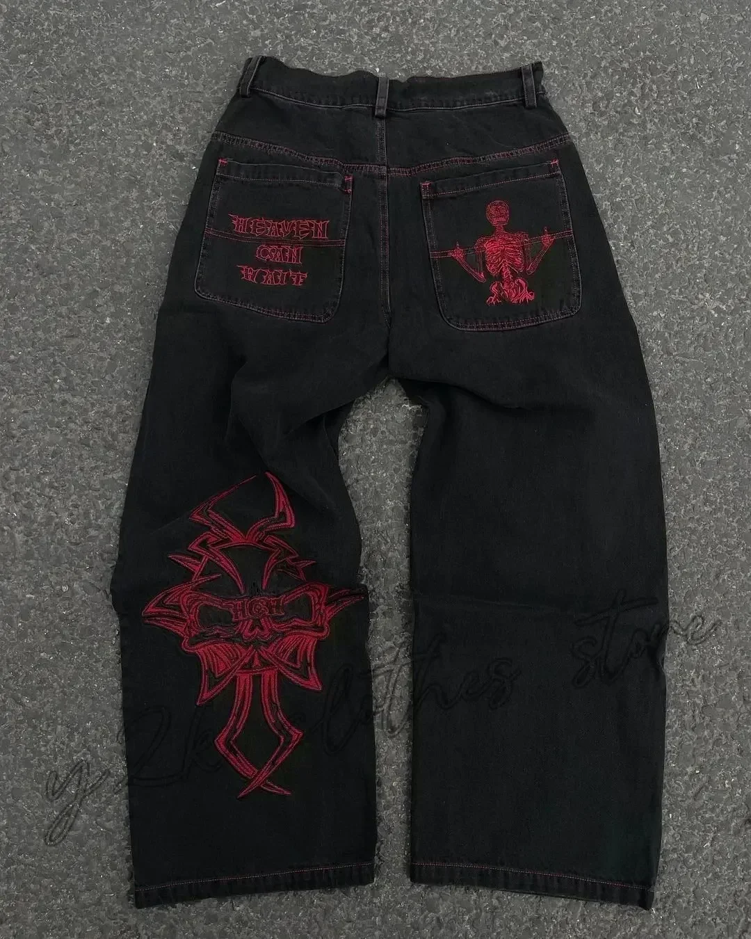 Edubridgesmart American Y2K New Fashion Punk Pattern Embroidered Straight Jeans Women Street Casual Loose Oversized Wide-leg Pants Couple Jeans