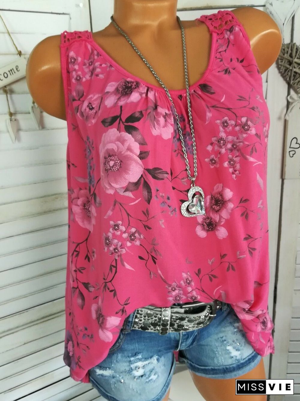 Women's Floral Printed Lace Stitching Sleeveless Tops Blouse