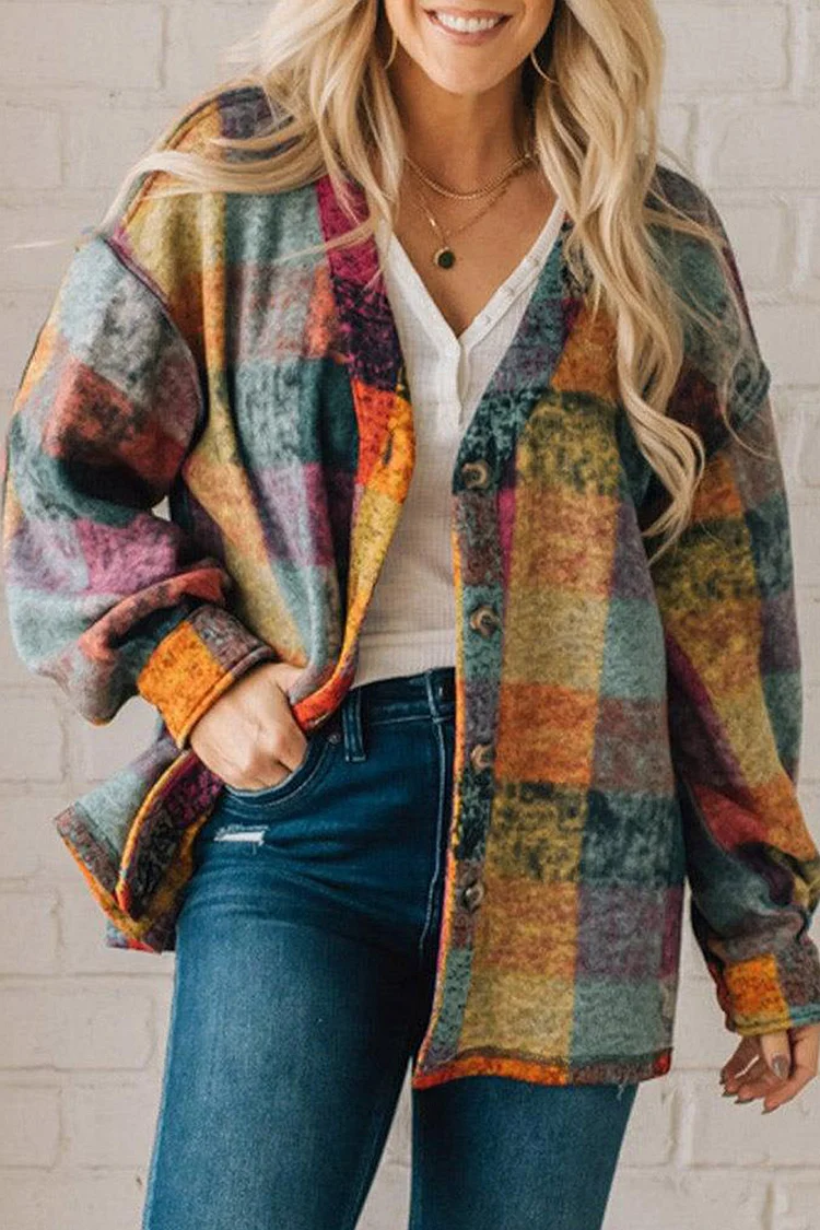 Flycurvy Plus Size Casual Multicolor Plaid Single Breasted Patchwork Woolen Coat