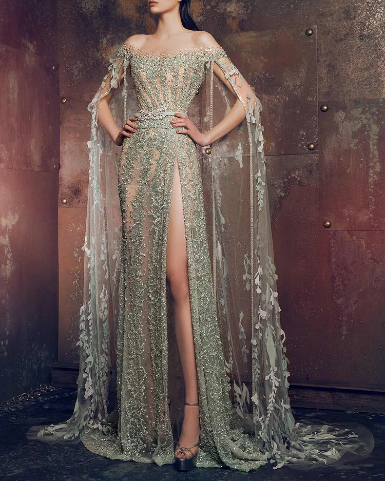 V-Neck Ladies Elegant Sequined Evening Dress