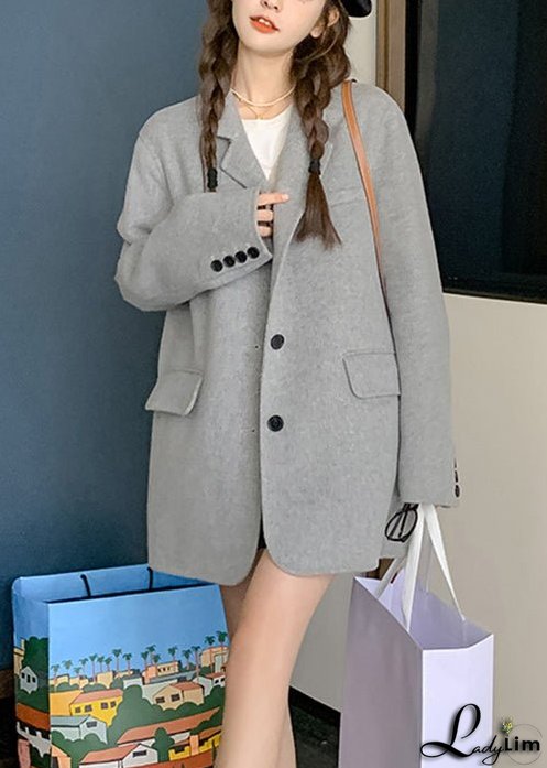 Chic Grey Button Pockets Patchwork Woolen Two Pieces Set Fall