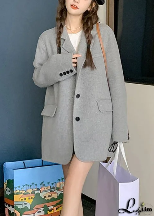 Chic Grey Button Pockets Patchwork Woolen Two Pieces Set Fall