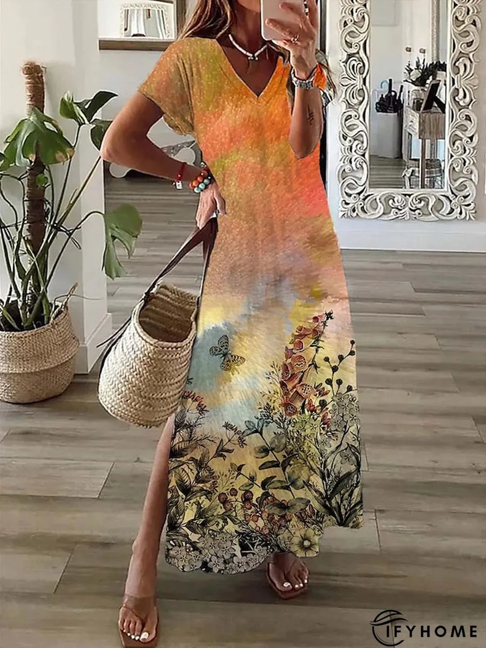 Womens Long Dress Maxi Casual Line Print Flower Fashion Streetwear Daily Date Vacation | IFYHOME