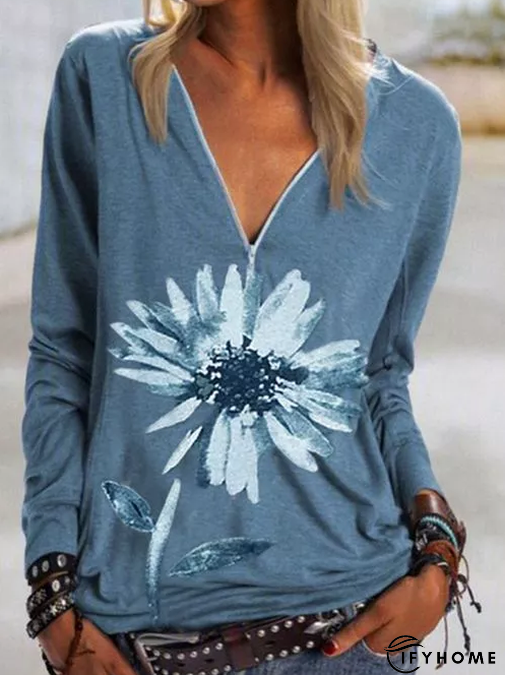 Blue V Neck Vintage Top | IFYHOME