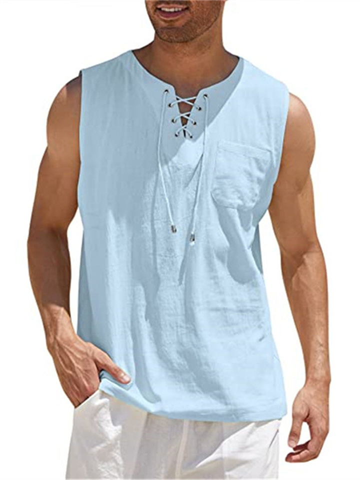Men's Sleeveless Tops Air Eye Tie Stand-up Collar Men's Pullover Casual Solid Color Shirt