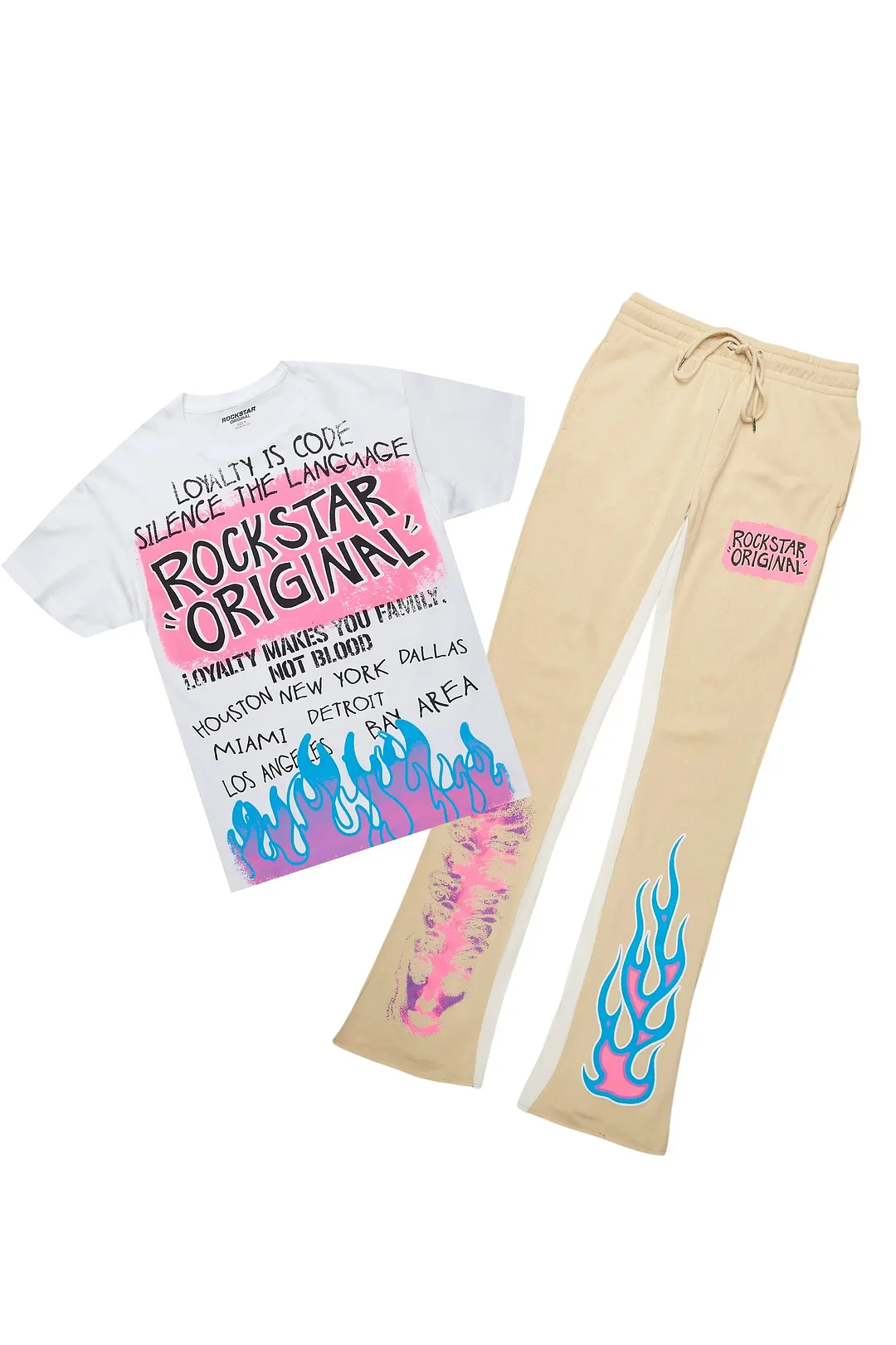 Beno White/Beige T-Shirt/Baggy Stacked Pant Set