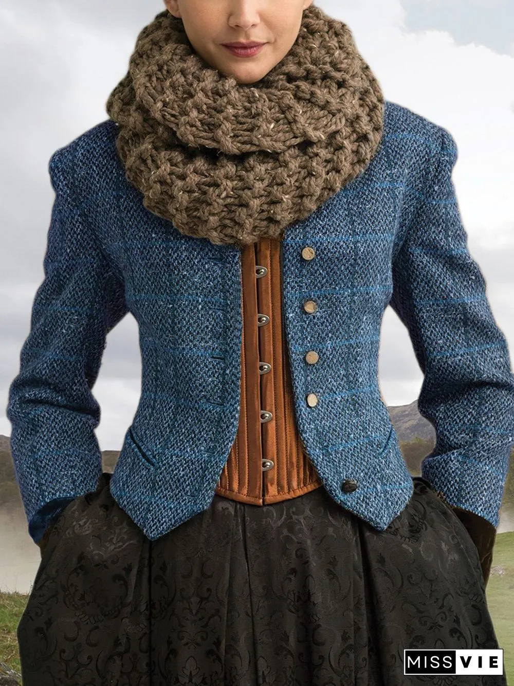 Brown Paneled Long Sleeve Plaid Knit coat
