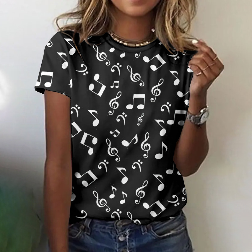 Comstylish Musical Note Print Crew Neck Short Sleeved T-Shirt
