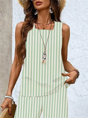 Women's Sleeveless Square Collar Striped Graphic Printed Casual Set
