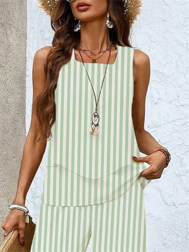 Women's Sleeveless Square Collar Striped Graphic Printed Casual Set