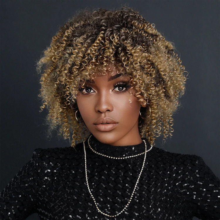 Short Curly Afro Wigs for Black Women Glueless Synthetic Wig with Bangs, Ombre Brown Wig 16"