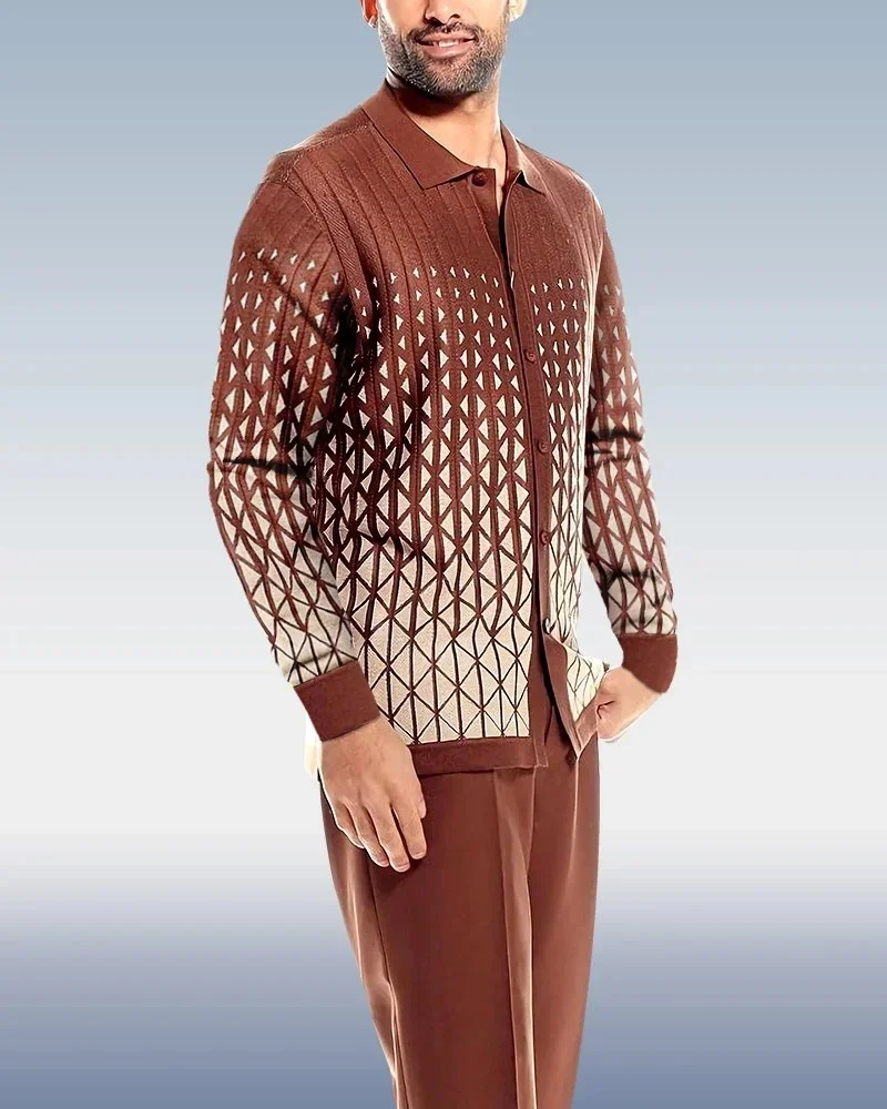 Brown Criss Pattern Walking Suit Long Sleeve Suit