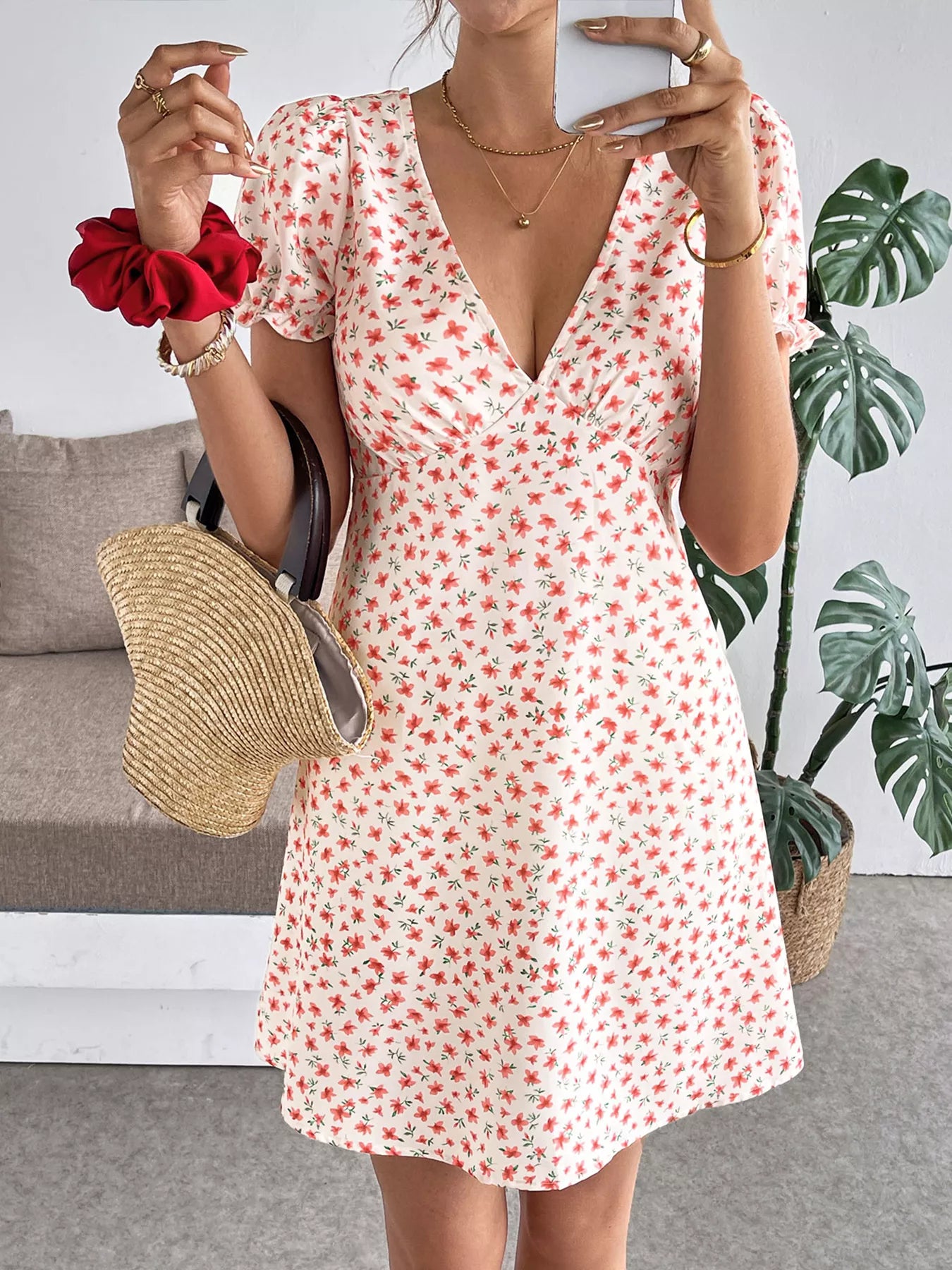 Floral Print V-Neck Puff Sleeve Mini Dress mysite idetrend